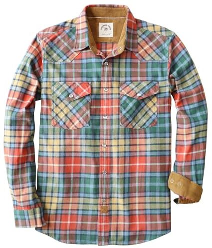 Dubinik® 6 oz Flannel Shirt for Men Western Pearl Snap Shirts Long Sleeve Casual Cozy Vintage Cowboy Plaid Soft Pure Cotton