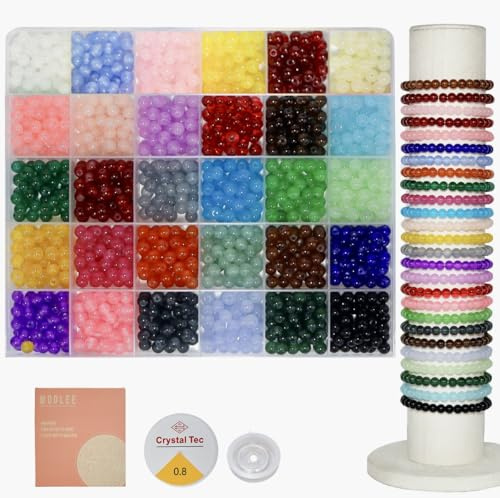 WOOLEE 1500Pcs Glass Beads Bracelet Making Kit, 30 Colors 6MM Crystal Round Glass Beads Jewelry Making kit. Bracelet, Necklace, Earrings and Phone Lanyard DIY Craft Set, Gift for Girls