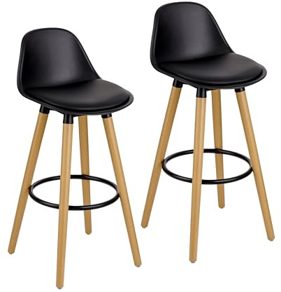 Baroni Home Set 2 Sgabelli con Schienale e Cuscino, Poggia Piedi - Design Moderno in PU e Legno Acciaio per Casa e Ristorante, 40x42x92 cm, Nero