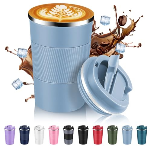 Volhoply Taza de café de viaje aislada de acero inoxidable de 13 onzas con tapa abatible, taza de café de metal al vacío de doble pared, portátil, a prueba de fugas, vaso térmico para bebidas