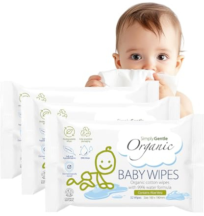 Simply Gentle Organic Baby Wet Wipes for Sensitive Skin, 99% Water, Fragrance and Plastic Free, Natural, Hypoallergenic for Newborns, Soft Moist Wipes, Biodegradable, 156 count (Pack of 3)