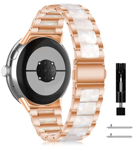 MaEiol Armband für Google Pixel Watch 4 45mm / Google Pixel Watch 3 45mm, Harz Armband Resin Edelstahl Metall Armbänder Uhrenarmbänder für Herren Damen - Roségold+Rosa