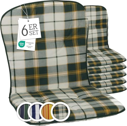 Beo Gartenstuhl-Auflagen Kos Niedriglehner 80x44 cm, 6er Set | Waschbare, UV-beständige Sitz-Kissen | Atmungsaktive Polster-Auflagen nach Öko-Tex Standard | Grün kariert | Made in EU