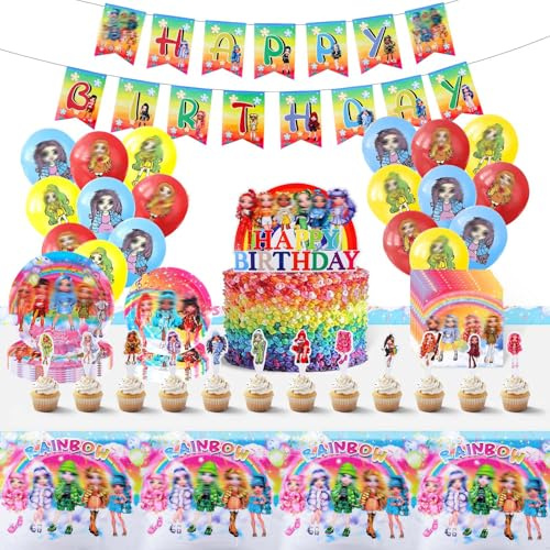 85Stück Rainbow geburtstagsdeko, Rainbow Geburtstag Deko Set, Mädchen Geburtstag Party Dekoration mit Tischdecke,Teller,Banner,Servietten,Luftballons,Cake Topper