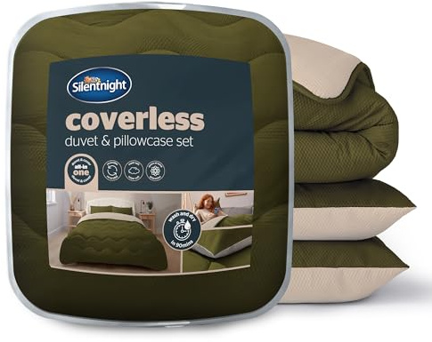 Silentnight Coverless Seersucker 10.5 Tog Duvet, Olive & Natural, Double | Soft Stylish, Bed Quilt & Pillowcase Set, Two Reversible Colours, All Year Round Comfort, No Cover Needed