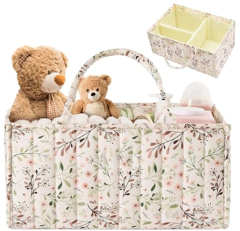 YTACREA Skötväska arrangör, skötbordsarrangör, blöjväska med blommönster och avtagbara fack, skötkorg, skötarrangör för Newborn Baby Essentials, babykorg för blöjarrangörer