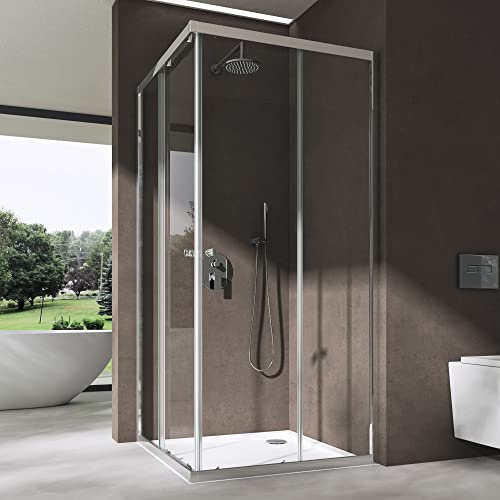 doporro Duschkabine Schiebetür 80x100x190cm Eckeinstieg Duschabtrennung | Eck-Duschkabine mit Klarglas 6mm ESG-Sicherheitsglas mit Nano-Beschichtung Aluminium in Chrom Ravenna16K
