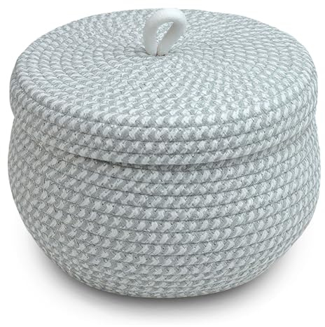 Cestino con coperchio – Cesto portaoggetti con coperchio, 23 x 17 cm, in corda di cotone intrecciato, cesto portabiancheria piccolo, per piante, snack, asciugamani, cestello giocattolo (grigio)