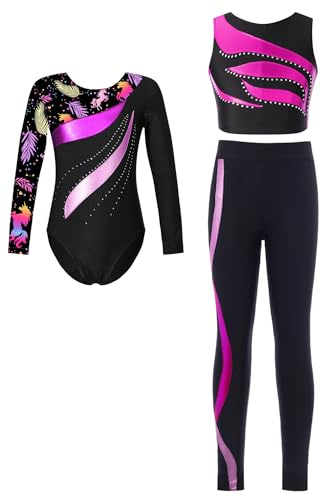 renvena Ensemble Complet De Gymnastique Artistique Pour Enfant Body De Ballet Avec Crop Top Et Leggings Pantalon Body Pour Patinage Artistique Justaucorps Noir 7-8 ans