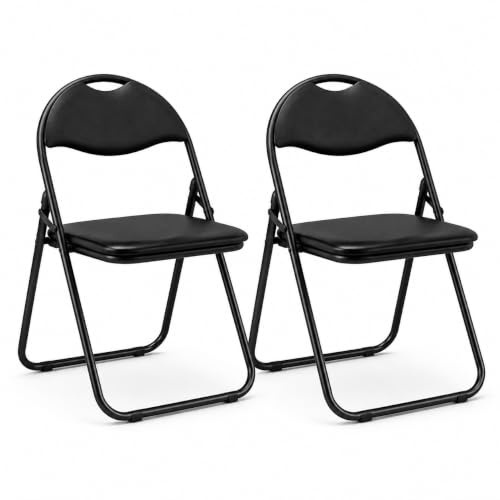 SuperGift.com Folding Chair Padded Paris Faux Leather Heavy Duty Steel Metal Frame Folding Back Rest Chair for Home Garden Office Dining (Black 2 Pack)