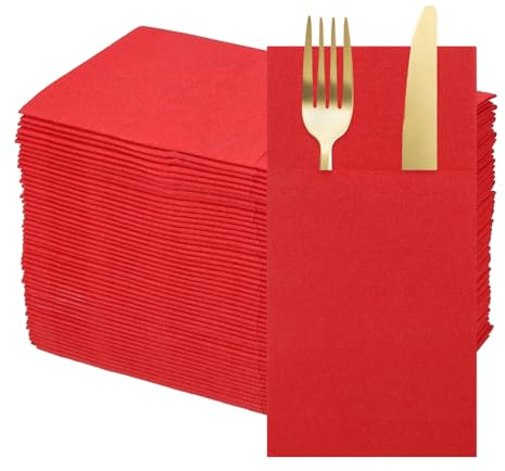 QUARKZMAN 100 Stück Wegwerf Servietten Mit Bestecktasche Rot | Aus Leinenoptik Papier Servietten, Für Messer Und Gabeln, Handtücher Für Hochzeitsfeier