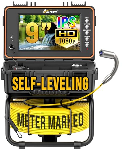 Anysun Telecamera di Ispezione, Endoscopio 1080P con Autolivellamento | Cavo con Marcatura in Metri, Schermo IPS da 9, Registratore DVR, Testa Impermeabile IP68 da 23mm, Batteria da 5100mAh