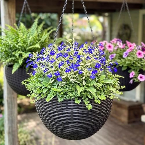LáLáGreen Vaso Sospeso Autoirrigante da 28 cm con Indicatore del Livello dell'Acqua, Fioriera Rotonda Effetto Rattan con Catena in Metallo per Balcone, Giardino e Terrazza (3)