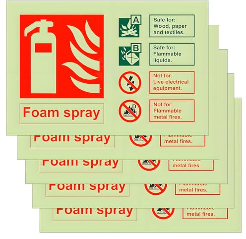 Alriedy 5PCS Foam Fire Extinguisher Sign Self-Adhesive Vinyl Safety ID Label, 165mm x 110mm Glow in The Dark – Visible Label for Electrical Safety Equipment, Workplace, Office & Industrial Facility