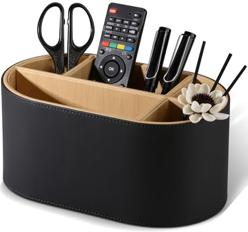 KINGFOM Schreibtisch Organizer aus Leder, Stiftehalter mit 5 Fächern, Ovaler Büro Organizer für Stifte, Fernbedienung & Zubehör, Schwarz, für Büro & Home Office (Schwarz)