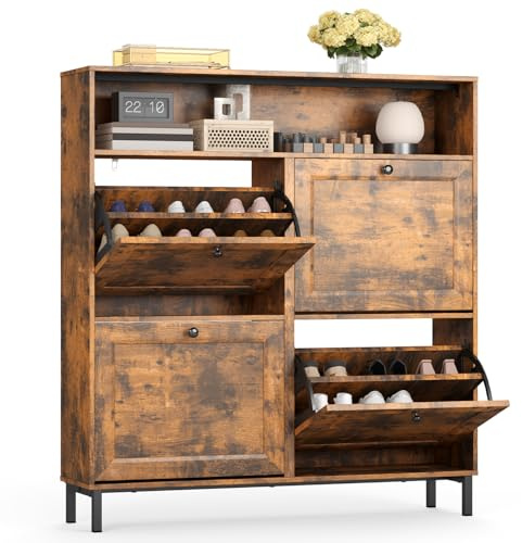 Blishom Schuhschrank mit 4 Klappen, Schuhablage Schuhschrank schmal Schuhregal mit offenen Ablagefächern, verstellbare Trennwände, für Diele, Flur, Garderobe, 100x108x24cm, Retro