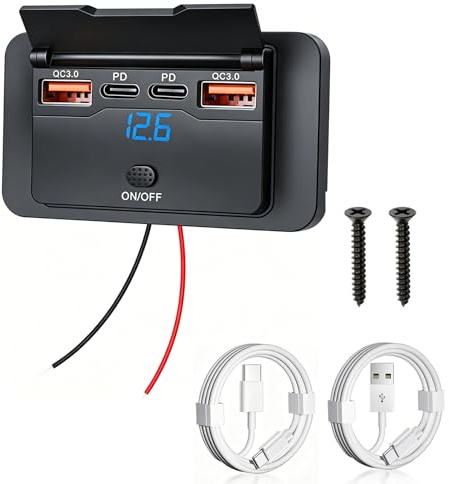 Powice USB Steckdose 12V Wohnmobil Einbau 4 Port 76W mit Schalter Dual 36W PD & Dual 18W QC3.0 Aufputz für Auto, LKW, Boote, Wohnwagen, USB Einbausteckdose