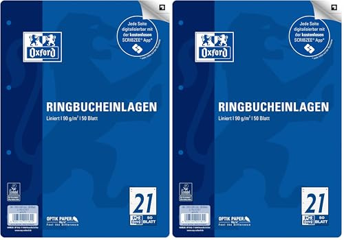 Oxford Ringbucheinlagen A4 liniert, Lineatur 21 ohne Rand, 50 Blatt (Packung mit 2)