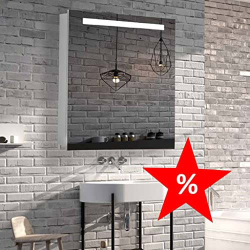 HAPA Design Spiegelschrank-mit-geringer-Tiefe-60cm-breit. Idealer WC-Spiegelschrank-10cm-tief, LED Licht, Steckdose, langlebiger Aluminium Korpus. (60x70x10cm)