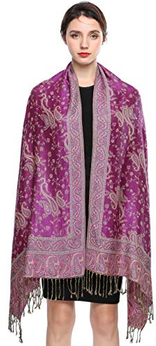 EASE LEAP Écharpe Pashmina pour Femme Châle Paisley Hijab de couleur chaude avec empiècements soyeux et sensation de luxe dans les couleurs vives avec des franges