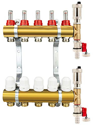 Millto™ Messing Heizkreisverteiler Fußbodenheizung 5 Heizkreise | Verteiler Entlüftungsset Automatische Entlüftung Flowmeter Thermostatventil