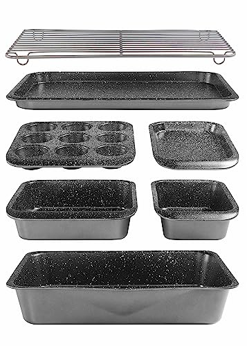 STONELINE Backform Set 7-teilig, beschichtet mit echten Steinpartikeln, Backformen aus Karbonstahl und Eisen, Kastenform, Muffinform, Backblech und Backgitter 21004 Grau