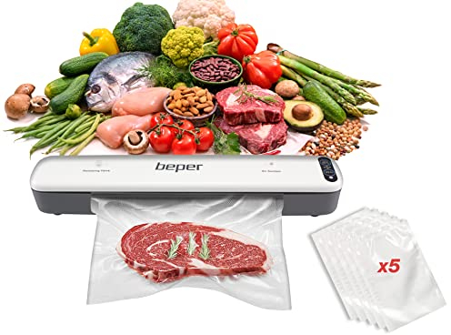 BEPER P102CON001 Macchina sottovuoto,Sigillatore Sottovuoto con 5 Sacchetti Sottovuoto, ABS, Duplice Funzionamento, Nastro Sigillante da 30 cm, Bianco/Grigio