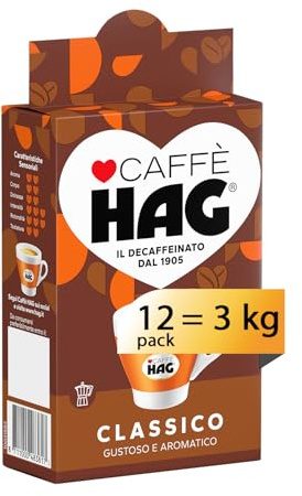 Hag - Caffè Macinato Decaffeinato Gusto Classico - Miscela caffè per Moka - 12 confezioni da 250 gr (totale 3 kg)