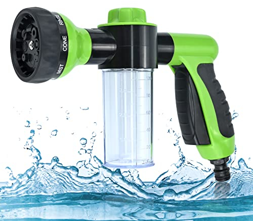 Garden Hose Spray Gun, Adjustable Foam Spray Gun with Soap Dispenser, 8 Patterns High-Pressure Sprayer with Reservoir for Lawn/Garden Watering Car Washing Pet Bathing Fertiliser