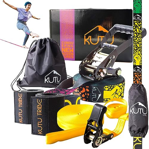 Kutu Tribe Pro Slackline: 60 ft Slackline Kit with Tree Protectors Training Line Arm Trainer Ratchet Cover and Carry Bag Tight Rope Slack Lines for Backyard for Kids and Adults Beginner Slackline