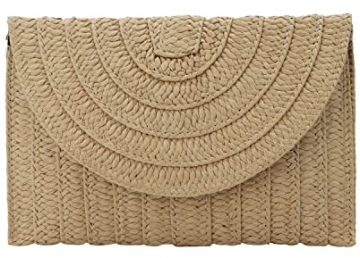 Syrads Bolso de paja para mujer - Bolso de mano de verano tipo sobre de playa, Caqui
