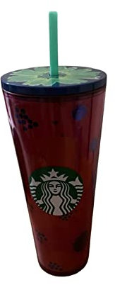 Starbucks 2022 Bicchiere Venti in acrilico floreale rosso estivo da 24 once con coperchio a fiore blu e paglia verde
