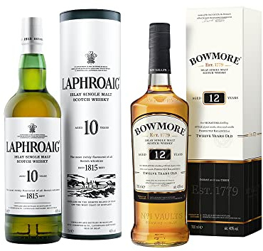 Bowmore, Bowmore 12Y Single Malt Whiskey invecchiato 12 anni - bottiglia in vetro da 700 ml & Laphroaig Islay Single Malt Scotch Whisky, 10 Anni, 70cl