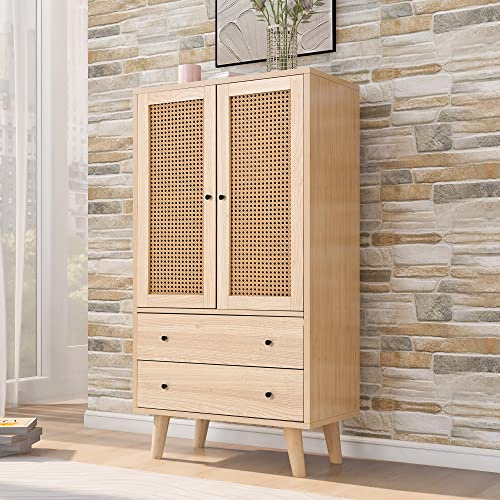 Sweiko Kommode mit 2 Türen und 2 Schubladen, Rattan Türkommoden mit Schubkasten, Sideboard Highboard Schubladenkommode Holz Mehrzweckschrank für Flur Schlafzimmer Wohnzimmer Esszimmer