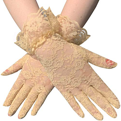 Duories Spitzenhandschuhe Lace Tüll Handschuhe,Kurze sexy Spitzenhandschuhe,Brauthandschuhe aus Spitze mit Sonnenschutz,Sommer-Brauthandschuhe,Für Hochzeiten Bankette Bälle Abende Partys,Beige