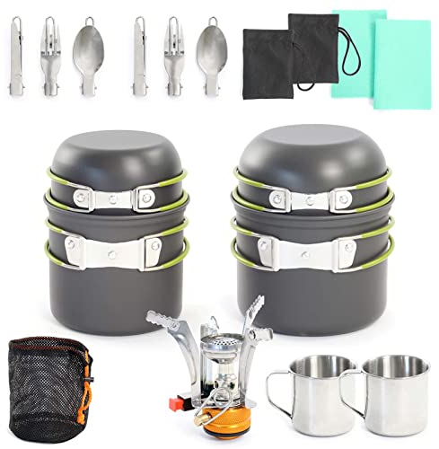 Toboli Set de Vaisselle Camping 16 pièces, en Acier/Aluminium, Équipement de Cuisine Plein air avec Réchaud, Casseroles, Poêles, Couverts, Tasses, Sacs et Chiffons