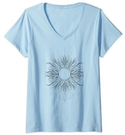 Damen Sommer Sonne Symbol Mittsommer Sonne Fineline Tattoo T-Shirt mit V-Ausschnitt