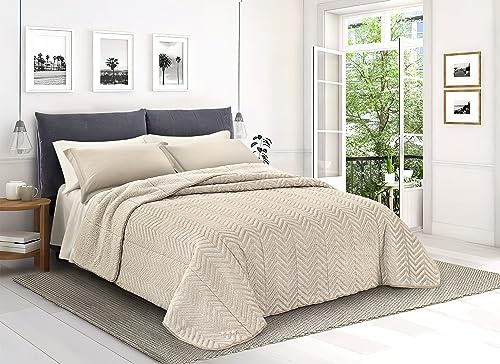 Tata Home Trapunta Coperta Piumone Invernale Caldissimo Imbottito 570 gr/mq in Pile Velluto 3D e Agnellato Sherpa Letto Singolo 1 Piazza 170x260 cm Made in Italy MOD. Zigzag Glitter Beige Sabbia