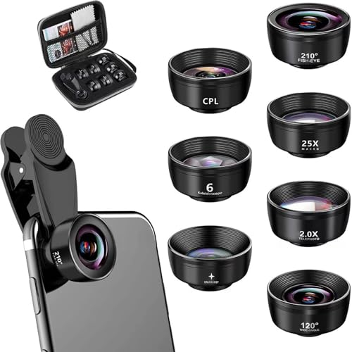 Handy Kamera Objektiv 7 in 1 Kit Makroobjektiv Fischaugenobjektiv Weitwinkelobjektiv 2x Teleobjektiv Kaleidoskop CPL Starburst Objektiv Universal Clip für iPhone Samsung Android und die meisten