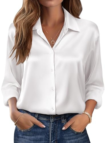 Zeagoo Chemise Satin Femme Manches Longues Soie Chemisier Chic Haut Élégant Col V Business Blanc L