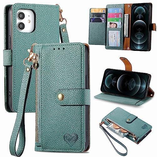 VEEMOS Handyhülle für Apple iPhone 12 / iPhone 12 Pro Hülle Klappbar Klapphülle Schutzhülle mit Kartenfach RFID Reißverschluss Handy Tasche Leder Flip Case Cover Handytasche Frauen - Grün