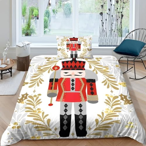 GIOSBR Christmas for Boys Girls Comforter Covers Duvet Cover 3D Printed Nutcracker Quilt Cover with Zipper Closure with Pillow Cases Soft Microfiber Bedding Set 2 Pieces Single（135x200cm）