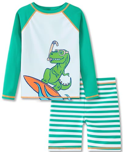 UMELOK Little Boys' Swim Rashguard Swimming Suit for Boys 6-7 Long Sleeve Swim Trunks Rash Guard Set Kids Swimwear Set Green/Daddy Dinosaur 7Y
