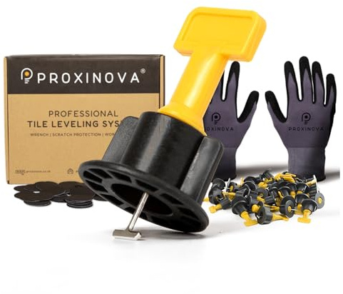 Proxinova Fliesen-Nivelliersystem Kit 100pcs Fliesenabstandhalter, Kratzschutz-System, 2 Schraubenschlüssel, Arbeitshandschuhe, 100 T-Stifte