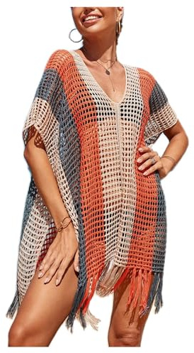 Bikini-Copricostume Estate-Spiaggia Colorati-Crochet Vacanza-Casual Donna - Costume da Bagno con Scollo a V Sexy Hollow Out Bikini Cover Up con Frange Loose Fit Elegante Abito da Donna Albicocca-1