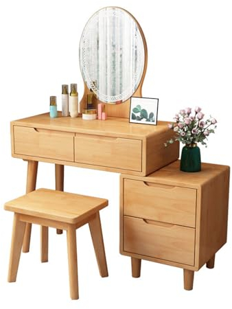 UsmAsk Schminktisch-Schminktisch mit Spiegel und Lichtern, modernes Holz-Schminktisch- und Hocker-Set mit 4 Schubladen, Schminktisch-Set für Schlafzimmer-Schminktisch EAN