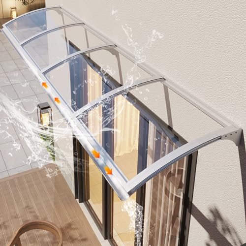 Vordach Überdachung Haustürvordach mit Regenrinne,Pavillion Türvordach Regenschutz Beständiger,Gebogene Fenster Markisen Aluminium Bügel und Transparente Platte Polycarbonat (80×220cm,Silver)