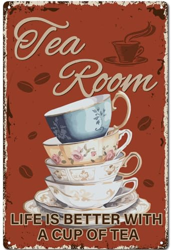 CREATCABIN Tea Room Tin Sign Retro Metal Poster Vintage Tea Cups Art Plaques Gallery Wall Signs Hanging Home Outdoor Decoration for Tea Room Kitchen Garden 12x8 Inch Life Is Better With A Cup Of Tea