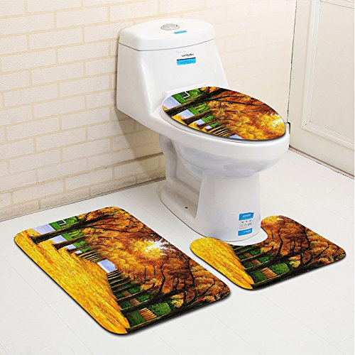 Bad Teppiche Set 3-Teiliges Gelb Grüne Bäume WC Vorleger Mit Ausschnitt Badematte Saugfähig WC Deckelbezug Badvorleger rutschfest Waschbar Toilettensitzbezug Badgarnitur (45x75cm)