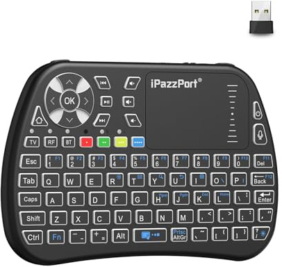 iPazzPort Mini tastiera Bluetooth con touchpad, mini tastiera wireless 2.4G e mouse con supporto per l'apprendimento IR, retroilluminazione RGB, ricaricabile per PC, Smart TV, laptop, Android TV Box
